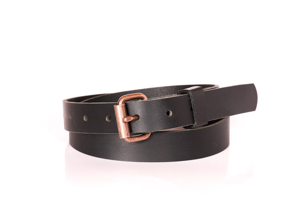 Full Grain Buffalo Leather Skinny Belt 1" Wide Black/w Copper Buckle Hand Made In USA