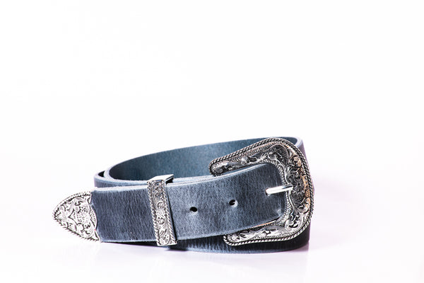 western belt genuine blue denim solid buffalo leather silver/black buckle set 1 1/2" wide made in usa
