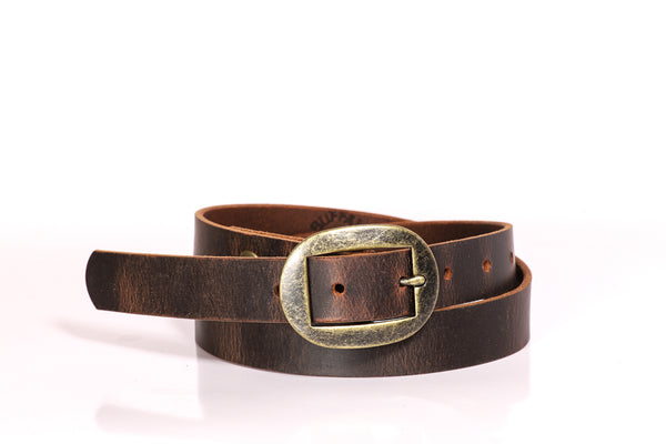 Full Grain Buffalo Leather Skinny Belt 1" Wide Distressed Brown Brass Buckle Hand Made In USA