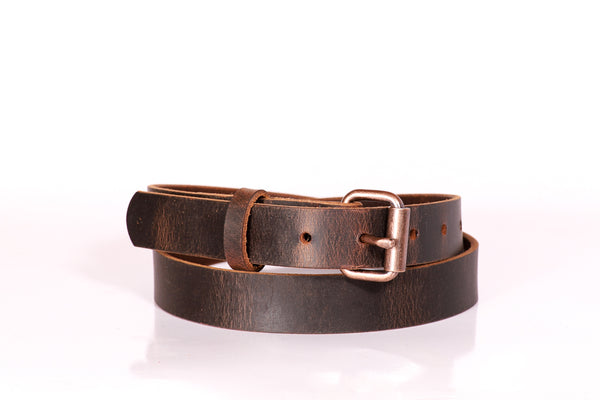 Full Grain Buffalo Leather Skinny Belt 1" Wide Distressed Brown Copper Buckle Hand Made In USA