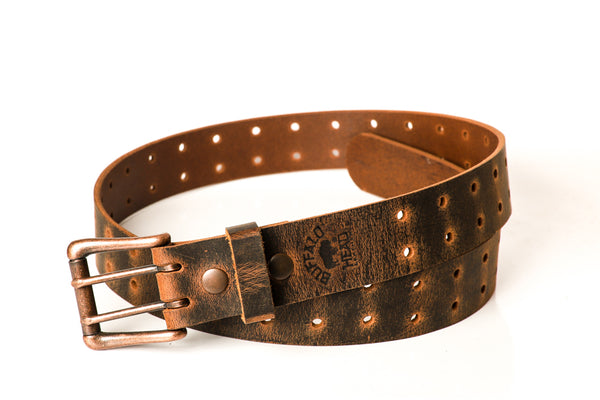 Full Grain Buffalo Distressed Leather Belt Antique Copper Double Tongue Buckle 1 1/2" Made in USA