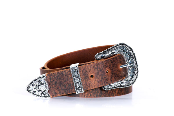 western belt genuine brown distressed solid buffalo leather silver/black buckle set 1 1/2" wide made in USA