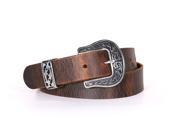 Western Style Distressed Brown Buffalo Belt Silver Buckle and Keeper Men's or Women's 1 1/4" wide USA