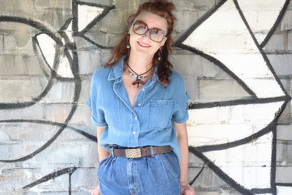 Genuine full grain brown buffalo leather 1 1/4" men's or women's belt with antique brass buckle USA