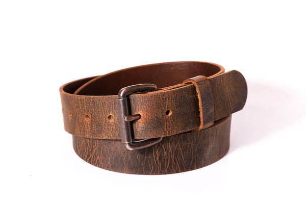 Full Grain Genuine Buffalo Distressed Brown Leather 1 1/2" with Copper Roller Buckle Made in USA
