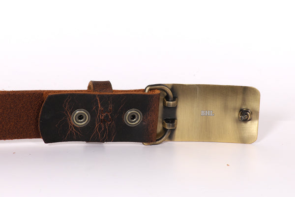 Genuine full grain brown buffalo leather 1 1/4" men's or women's belt with antique brass buckle USA