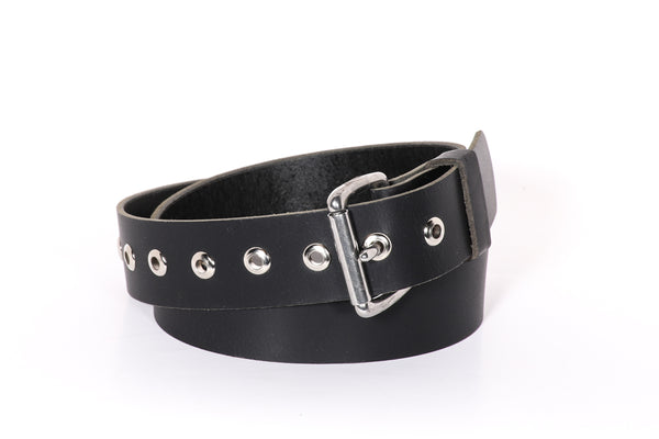 Full Grain Retro-Style Men's or Women's Buffalo Belt Black 1 1/2" Wide Nickel Roller Buckle and Eyelets Made in USA