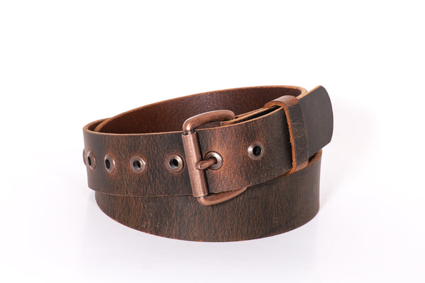 Full Grain Retro-Style Men's or Women's Buffalo Belt Distressed Brown 1/2" Wide Nickel Roller Buckle and Eyelets Made in USA