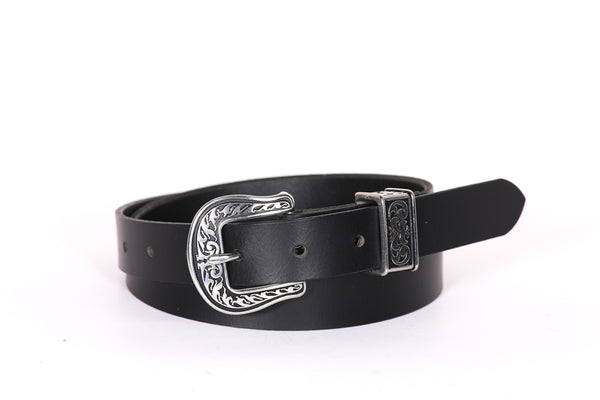 Full Grain Buffalo Western Style Skinny Belt 1" Wide Black With Antique Silver Buckle Made in USA