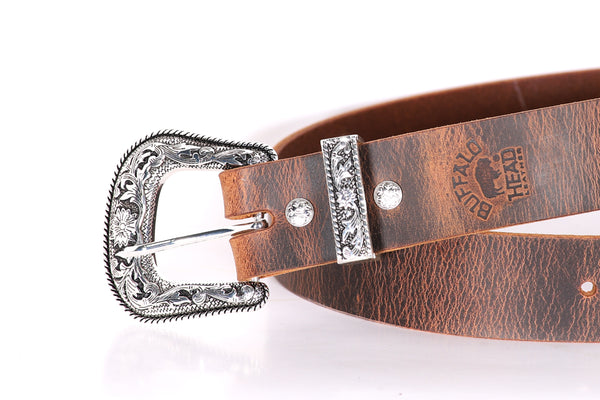 western belt genuine brown distressed solid buffalo leather silver/black buckle set 1 1/2" wide made in USA