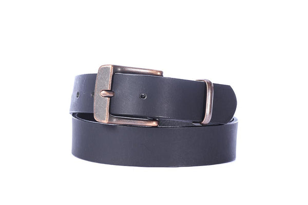 Full Grain Genuine Buffalo 1 1/4" Casual Belt Black with Copper Buckle and Keeper Made in USA