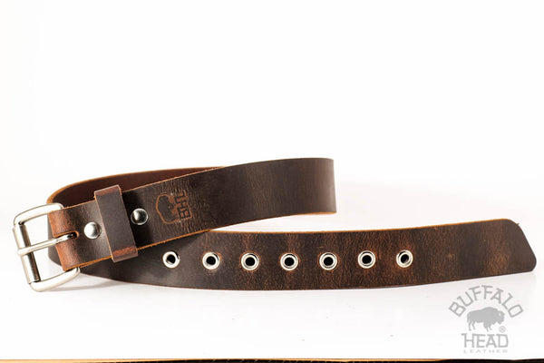 Full Grain Buffalo Belt Distressed Leather 1 1/2" wide Nickel Roller Buckle and Eyelets Made in USA