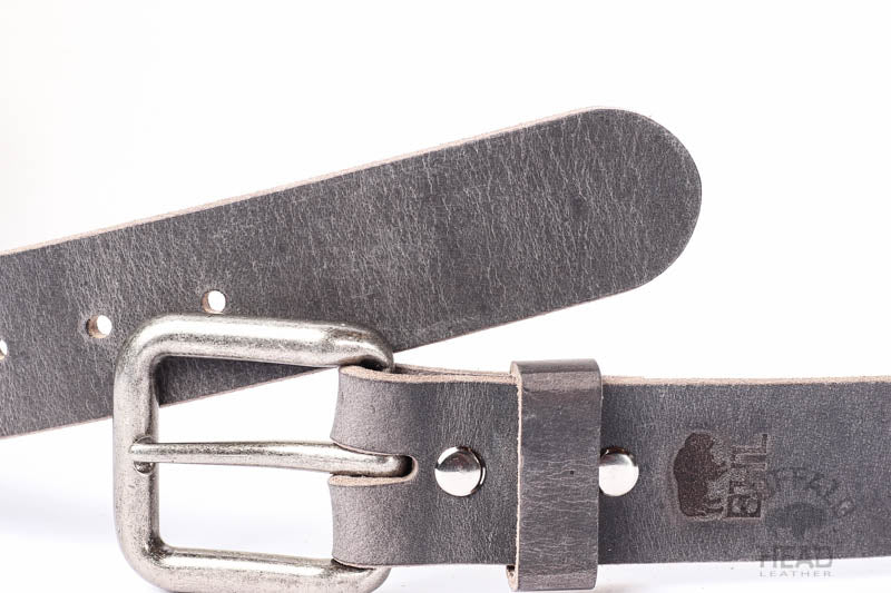 Hand-painted grey leather western belt with double metal insert