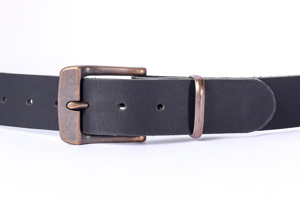 Full Grain Genuine Buffalo 1 1/2" Wide leather Belt Black Copper Buckle and Keeper Made in USA