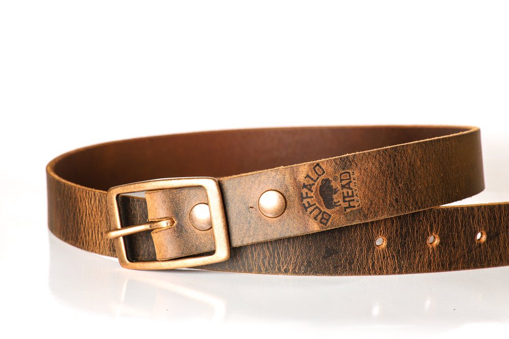 Genuine Full Grain Buffalo Leather Belt Strap - 1.5" Wide, Vintage Finish, 7 Holes, Snap System For Interchangeable Buckles