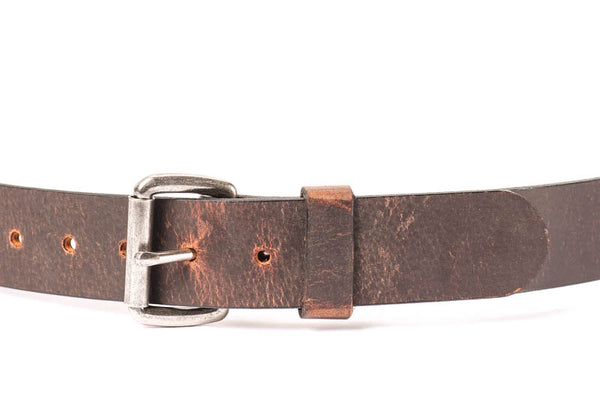 Full Grain Genuine Buffalo Distressed Leather Belt  Brown  1 1/2" Nickel Roller Buckle Made in USA